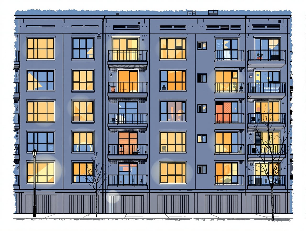 An apartment building facade at dusk seen from across the street, several windows lit with mismatched warm lamps while t
