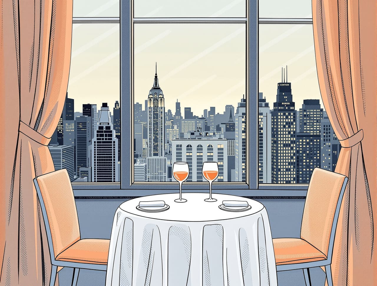 A small round table by a tall window at dusk with two half-filled wine glasses, two folded linen napkins and two empty c